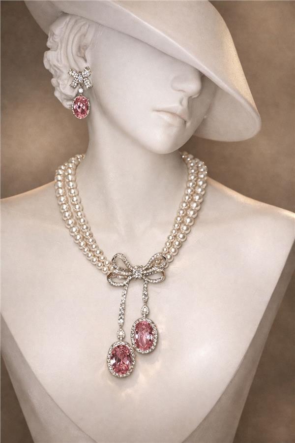 Joanne Fiyonk Detaylı İnci Kolye Pembe Taşlı – Vintage Lüks Statement Kolye-Küpe Set